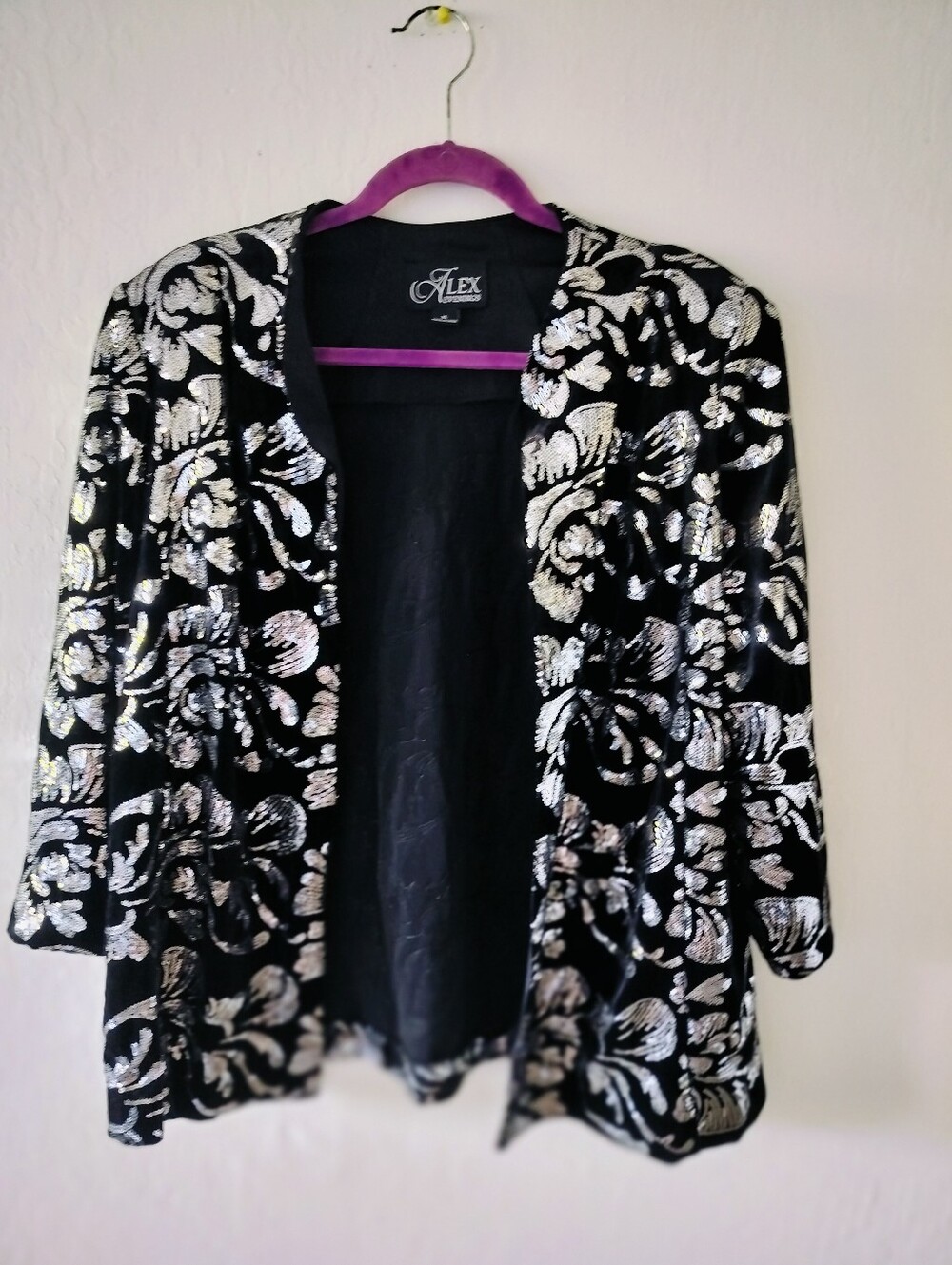 Alex Evenings XL Black Velvet Sequin Floral Jacket Open Front Evening Cardigan